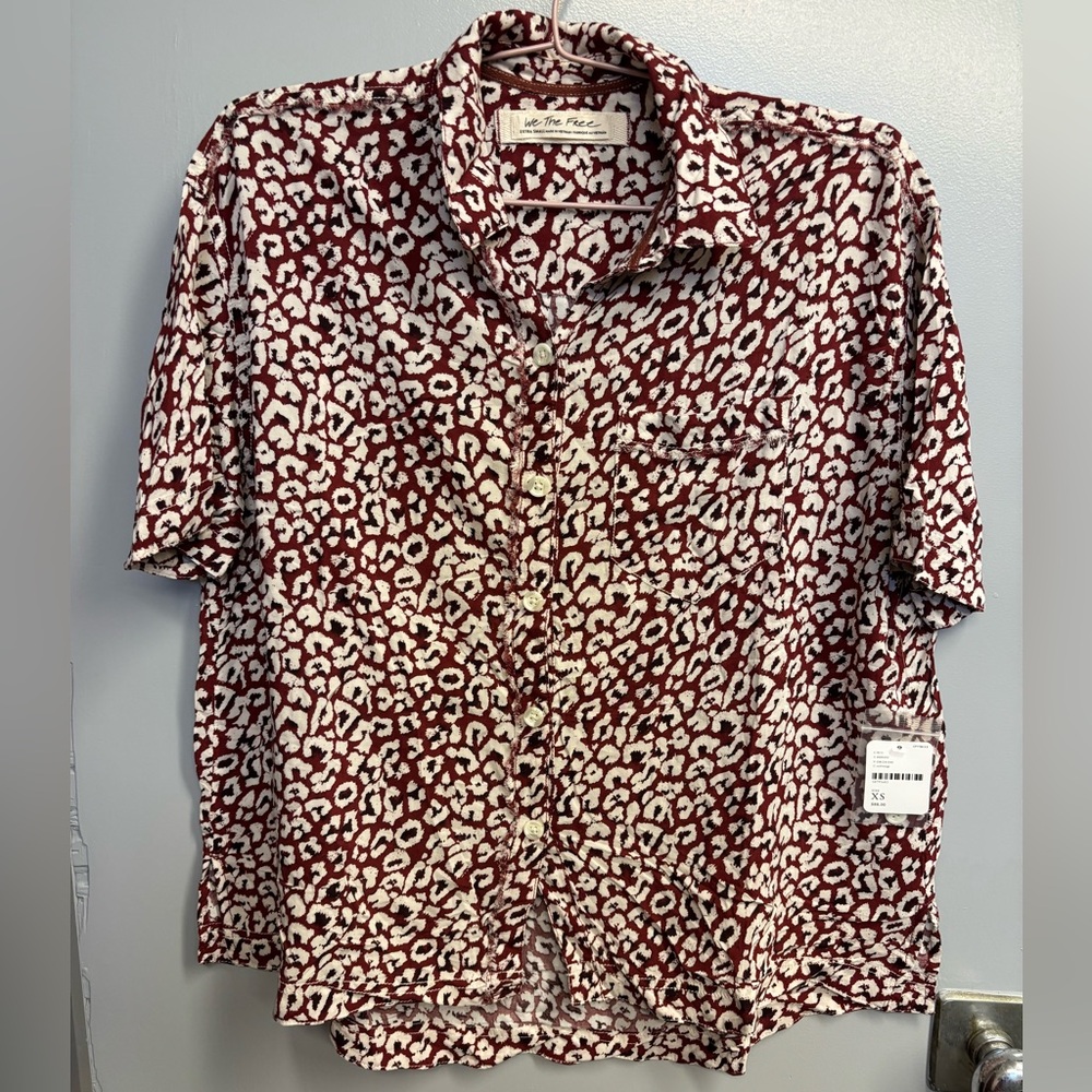 We The Free Red and White Leopard Print Blouse